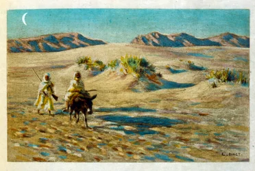 Ilustracja Dinet z „Mirages” Sceny z życia Arabów. 1906. Mirages, Scénes De La Vie Arab został zilustrowany przez Etienne Dinet z komentarzem Silmana Ben Ibrahima Bamera. Nasreddine Dinet urodził się jako Alphonse-Étienne Dinet; (1861-1929) był francuskim 