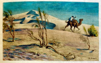 Ilustracja Dinet z „Mirages” Sceny z życia Arabów. 1906. Mirages, Scénes De La Vie Arab został zilustrowany przez Etienne Dinet z komentarzem Silmana Ben Ibrahima Bamera. Nasreddine Dinet urodził się jako Alphonse-Étienne Dinet; (1861-1929) był francuskim 