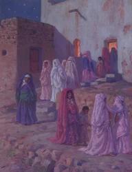 Muzułmanie opuszczający wiejski meczet w wigilię Mouled, ilustracja z historii życia proroka Mahometa, opublikowana w Paryżu w 1918 r.