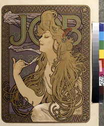 Plakat reklamowy do bibuły "Job". Grafika autorstwa Alfonsa Marii Muchy (Alphonse Marie Mucha