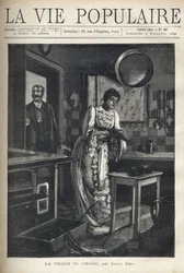 Elegancka kobieta woskuje but w domowej kuchni. Za jej plecami mężczyzna otwiera drzwi. Ilustracja Alfonsa Marii Muchy (Alphonse Marie Mucha