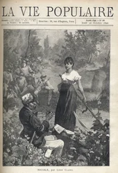 Stary człowiek czyta list do pięknego młodego chłopa trzymającego podróbkę (żniwiarz). Łowcy obserwują scenę w oddali. Ilustracja Alfonsa Marii Muchy (Alphonse Marie Mucha