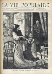 Staruszek zaskakuje szarmancką scenę: mężczyzna klęczący przed elegancką kobietą przyczepia do nadgarstka bransoletkę. Ilustracja Alfonsa Marii Muchy (Alphonse Marie Mucha