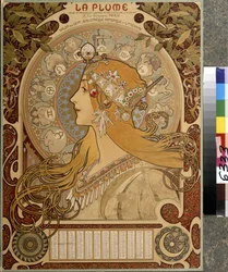 Kalendarz "La Plume", ilustrowany dwumiesięcznik Salon des Cent. Biblioteka artystyczna i literacka. Grafika autorstwa Alfonsa Marii Muchy (Alphonse Marie Mucha