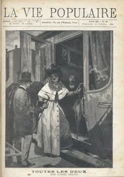 Pożegnanie mężczyzny i kobiety wsiadających do pociągu na peronie dworca. Ilustracja Alfonsa Marii Muchy (Alphonse Marie Mucha