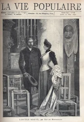 W kościele piękna i elegancka para staje wśród świec i modli się do Boga. Ilustracja Alfonsa Marii Muchy (Alphonse Marie Mucha