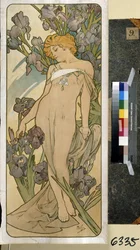 Iris (część serii kwiatów). Grafika autorstwa Alfonsa Marii Muchy (Alphonse Marie Mucha