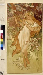 Wiosna (Seria alegorii na cztery pory roku). Grafika autorstwa Alfonsa Marii Muchy (Alphonse Marie Mucha