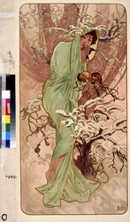 Zima (Seria alegorii na cztery pory roku). Grafika autorstwa Alfonsa Marii Muchy (Alphonse Marie Mucha