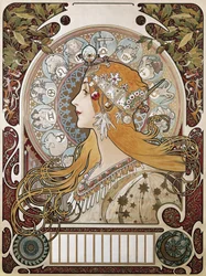 MUCHA, Alfons Maria (1860-1939). Zodiak. 1896. (67 x 48 cm). Plakat i kalendarz reklamujący magazyn „La Plume” (Pióro). Modernizm. Litografia