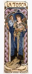 Plakat autorstwa Alfonsa Muchy (1860-1939) do sztuki "Tosca" Victoriana Sardou (1831-1908) w wykonaniu aktorki Sarah Bernhardt.