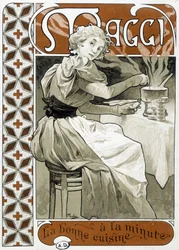 Młoda kobieta gotująca na kuchence gazowej - reklama Maggi „dobre jedzenie z minuty na minutę”, autorstwa Muchy, ok. 1890 r.