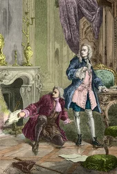 Charles Jean Francois Henault ratuje rękopis La Henriade, który Voltaire wrzucił do ognia (rycina)