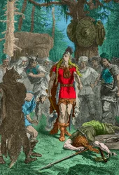 Clovis przed wojownikiem, którego właśnie zabił po ataku na wazę w Soissons (rycina)