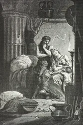 Eponina de Langres karmi piersią dziecko Juliusza Sabinusa w jaskini (rycina)