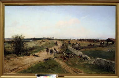 Wojna francusko-pruska. (Scena z wojny francusko-pruskiej). Scena wojny między Prusami a Cesarstwem Francuskim od 19 lipca 1870 do 29 stycznia 1871. Obraz Alphonse Marie de Neuville (1835-1885). Olej na płótnie. Tułańskie Muzeum Narodowe, Rosja