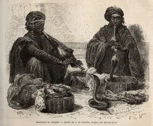 Les charmeurs de serpents, którzy handlują gadami, które zwabiają dmuchając w toumril (flet), grawerowanie według rysunku A. de Neuville, ilustrujące podróż radżów do Indii w latach 1864-1868, wydane przez Louisa Rousseleta w „” Le tour