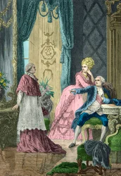 Maria Antonina i Ludwik XVI pytają kardynała de Rohan o aferę z naszyjnikiem