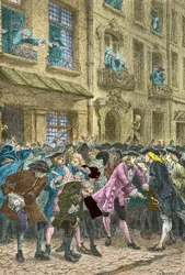 Rue Quincampoix, gdzie spotykają się spekulanci, około 1720 r. (rycina)