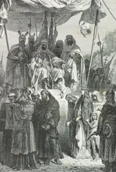 Saladyn patrzy, jak chrześcijanie opuszczają Jerozolimę w 1187 r. (rycina)