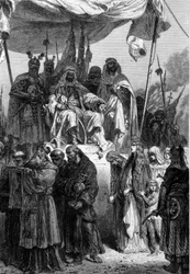 Chrześcijanie Jerozolimy wyjeżdżający przed Saladynem (1138-1193) (Salah al Din Yusuf al-Ayyubi (al Ayyubi) po zdobyciu Świętego Miasta - rycina Neuville