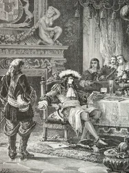 Wilhelm 3 Orański z Nassau dowiaduje się o uznaniu króla Anglii Jakuba 3 przez Ludwika 14 (rycina)
