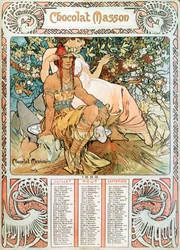 Strona kalendarza dla dorosłych z roku 1898 dekorator ilustracji reklamowej Alphonse Mucha (1860-1939) dla czekoladek Masson - „Średni wiek” Ilustracja reklamowa Alphonse Mucha dla