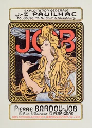 Plakat reklamowy do bibułki papierosowej Job stworzony przez Alphonse Mucha (1860-1939) 1900 - Słońce 12x8 cm Plakat reklamowy do bibułki papierosowej Job wydany przez Alphonse Mucha, 1900 - kolekcja prywatna