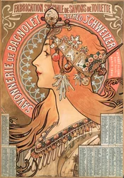Strona kalendarza z roku 1898 ozdobiona ilustracją reklamową Alfonsa Muchy (1860-1939) dla firmy mydlarskiej Savonnerie de Bagnolet Alfred Schweizer