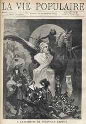 Pamięci Teofila Gautiera (1811-1872). Wokół popiersia pisarza postacie w kostiumach jego dzieł biegną ze smutkiem i godnością, pod okiem dziecka wieńczą laury, jadąc na skrzydlatym koniu. Ilustracja Alfonsa Marii Muchy (Alphonse Ma