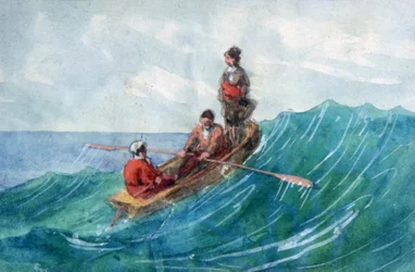 The Dingy". Akwarela. Aurore Amadine Lucie Dupin (1804-1876) francuska powieściopisarka i feministka, która pisała pod pseudonimem George Sand. Trzy postacie w małej łodzi wiosłowej na fali.