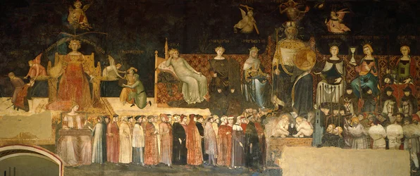 Alegoria Dobrych Rządów, detal z Alegorii i skutków dobrych i złych rządów w mieście i na wsi Ambrogia Lorenzettiego (czynny 1285-1348), fresk, Sala Pokoju, Palazzo Pubblico, Siena