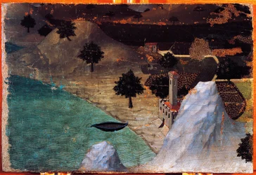 Zamek nad jeziorem, reż. Ambrogio Lorenzetti (1319-1347), obraz na desce, 22x33 cm.