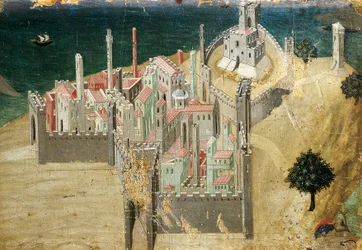 Miasto nad morzem, autorstwa Ambrogia Lorenzettiego (1290-ca. 1348), tempera i złoto na drewnie, 22.5x33.5 cm