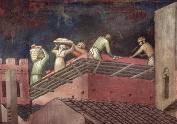 Skutki dobrego rządu w mieście, fragment robotników budujących dom