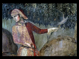 Efekty dobrych rządów na wsi, detal przedstawiający sokolnika, 1388-40