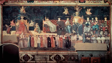 Skutki dobrych i złych rządów dla miasta i wsi (Allegoria del buon e del cattivo governo): detal przedstawiający dobre rządy (alegorie Pokoju, Wielkoduszności, Roztropności, Umiarkowania i Sprawiedliwości). Fresk Ambrogia Lorenzettiego (1290-1348).