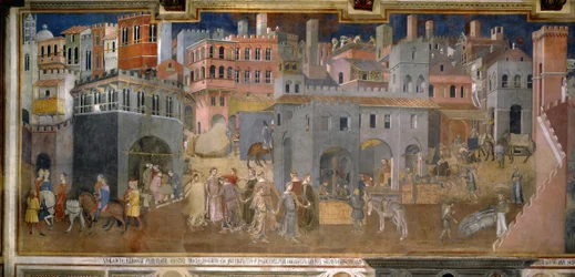 „Skutki dobrego i złego rządu w mieście i na wsi”. Szczegóły miasta. Fresk Ambrogio Lorenzettiego (1290-1348)