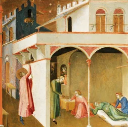Św. Mikołaj ofiarowujący posag trzem biednym dziewczętom, fragment z cudów św. Mikołaja z Bari Ambrogio Lorenzettiego (1290-około 1348), tempera na drewnie