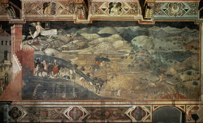 Wieś (fragment Efekty dobrego rządzenia w miastach i na wsi) - Fresk Ambrogio Lorenzetti (1285-1348?), 390x810 cm