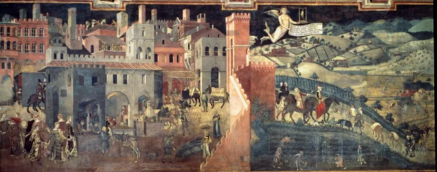 Skutki dobrych i złych rządów dla miasta i wsi. Fragment miasta. Fresk Ambrogia Lorenzettiego (1290-1348)