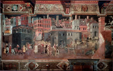 „Skutki dobrego i złego rządu dla miasta i kraju”. Szczegół miasta. Fresk Ambrogio Lorenzettiego (1290-1348)