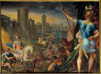Obóz krużów przed Jerozolimą Z cyklu „Histoire de Tancrede et de Clorinde”” ilustrującego „”La jerusalem delibree”” poety Le Tasse (Il tasso) Obraz Ambroise Dubois (1542-1614) Słońce . 1,62 x 2,15 m Fontainebleau. Zamek