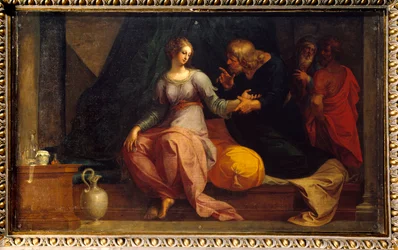 Doktor Acestinus analizuje ilustrację Chariclee „Etiopowie lub historię miłości Teageny i Chariclee” autorstwa Heliodore (Heliodoros) autorstwa Emese (IV wiek n.e.). Obraz Ambrose Dubois (1542-1614) 1610 Nd. 1,3x2,35 m Fontainebleau Muzeum Ch