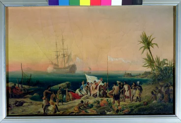 Jean de Bethencourt (ok.1360-1425), Norman Navigator, odkrywając wyspę Lanzarote w 1402, 1848