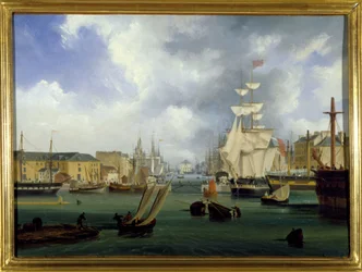 Port Le Havre, Grand Bassin, Louis Garneray, sd. ok. 1820, olej na płótnie, H. 0,330; L. 0,460. CCIP Dz.