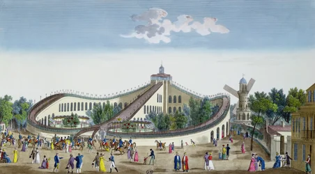 Promenades Aeriennes, Jardin Baujon, Czczony Obecnością Jej Królewskiej Mości, 2 sierpnia 1817, c.1817 (kolorowe grawerowanie)
