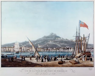 Widok na port w Marsylii pod akwarelą Restauracji Ambroise Louis Garneray (1783-1857) Marsylia z XIX wieku, Musee de la Marine