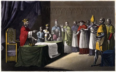 Zgromadzenie Wormacji: Ludwik I Debonnaire (778-840), król Francji, zdeponowany przez swoich trzech synów (Lothaire, Pepin i Louis) za chęć odzyskania królestwa na korzyść swojego czwartego syna (Charles, postać w niebieski obok króla) w 833.