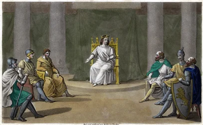 Caribert lub Cherebert, król Paryża (561 - 567), odbywający radę, w której wymierzył sprawiedliwość. Zaprojektowany i wygrawerowany przez Ambroise Tardieu w 1825 roku.